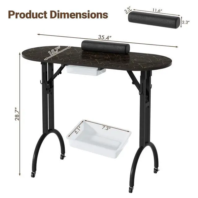 Alt view image 2 of 7 - Foldable Nail Tech Desk, Portable Manicure Table for Home & Travel, Black | Portable Rolling Manicure Desk w/ Drawer, Mobile Foldable Nail Table, Wrist Cushion, Lockable Wheels, 4 Hooks, Carrying Case