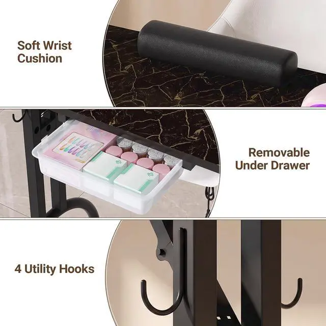 Alt view image 4 of 7 - Foldable Nail Tech Desk, Portable Manicure Table for Home & Travel, Black | Portable Rolling Manicure Desk w/ Drawer, Mobile Foldable Nail Table, Wrist Cushion, Lockable Wheels, 4 Hooks, Carrying Case