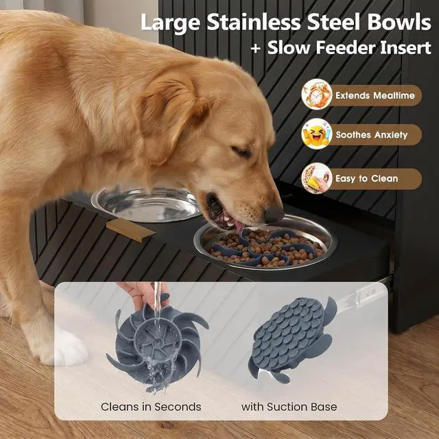 Alt view image 6 of 7 - Dog Feeding Station Cabinet, Elevated Feeder Bowl, Black, Classic Panel | Slow Feeder Insert, Large food bin, Removable Divider, 3 Side Hooks, Pull-Out Drawer, Easy to Clean for Small & Middle Dogs
