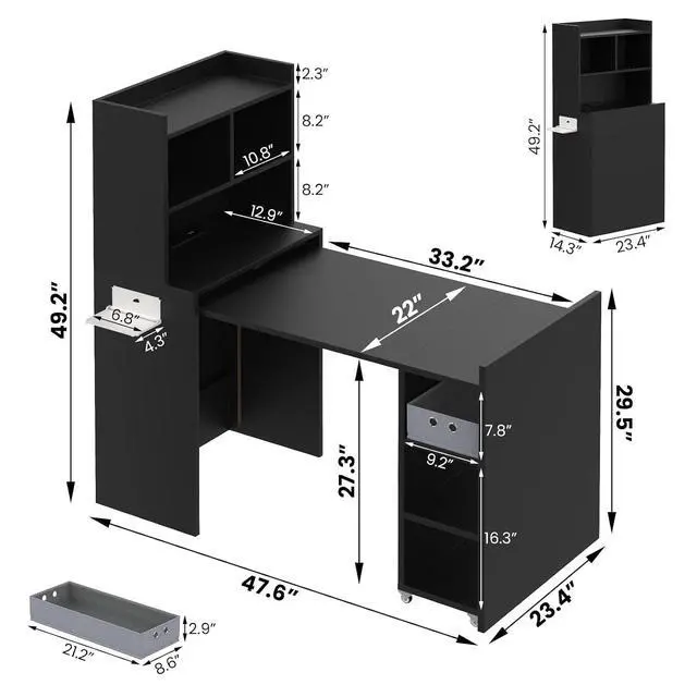 Alt view image 2 of 7 - Foldable Manicure Table Nail Desk, Extendable Nail Tech Table with Storage Shelves & a Fabric Drawer, Wall Mount Nail Station Modern Multipurpose Table Home Office Beauty Spa Salon, Black