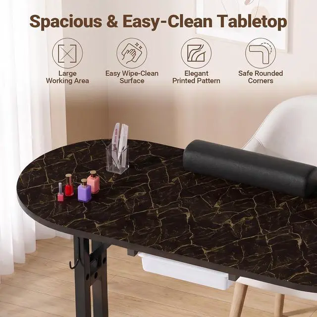 Alt view image 5 of 7 - Foldable Nail Tech Desk, Portable Manicure Table for Home & Travel, Black | Portable Rolling Manicure Desk w/ Drawer, Mobile Foldable Nail Table, Wrist Cushion, Lockable Wheels, 4 Hooks, Carrying Case