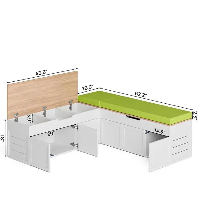 Alt view image 2 of 7 - L-Shaped Corner Storage Bench with Cushion, Backless Wood Bench with Hidden Storage, for Dining Nook, Kitchen, Entryway, Cloakroom (Bench+Green Cushion)