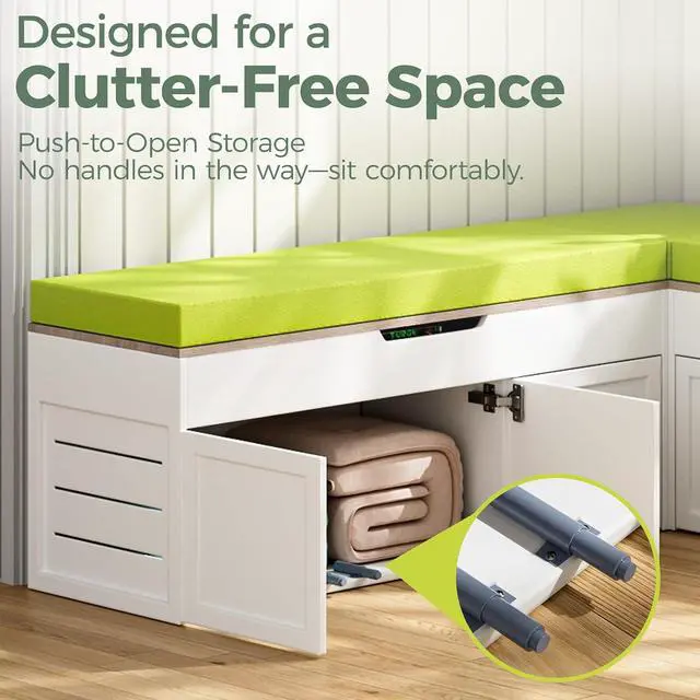 Alt view image 4 of 7 - L-Shaped Corner Storage Bench with Cushion, Backless Wood Bench with Hidden Storage, for Dining Nook, Kitchen, Entryway, Cloakroom (Bench+Green Cushion)