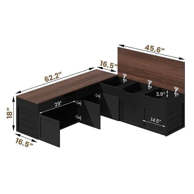 Alt view image 2 of 7 - L-Shaped Corner Storage Bench with Cushion, Backless Wood Bench with Hidden Storage, for Dining Nook, Kitchen, Entryway, Cloakroom (White+Walnut (No Cushion))
