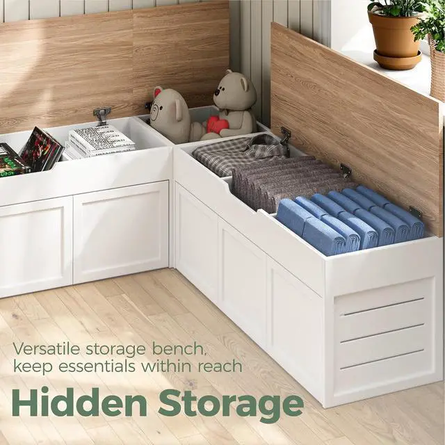 Alt view image 3 of 7 - L-Shaped Corner Storage Bench with Cushion, Backless Wood Bench with Hidden Storage, for Dining Nook, Kitchen, Entryway, Cloakroom (Bench+Green Cushion)