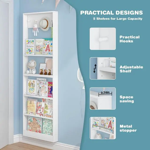 Alt view image 5 of 7 - 5-Tier Kids Bookshelf, Wall-Mounted Book Shelf with Adjustable Shelves & Hooks, Wooden Kids Bookshelf and Toy Storage, Space-Saving Behind Door Bookshelf for Kids' Rooms, Playroom, NurseryWhite