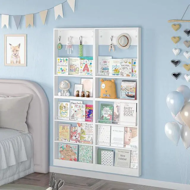 Alt view image 7 of 7 - 5-Tier Kids Bookshelf, Wall-Mounted Book Shelf with Adjustable Shelves & Hooks, Wooden Kids Bookshelf and Toy Storage, Space-Saving Behind Door Bookshelf for Kids' Rooms, Playroom, NurseryWhite