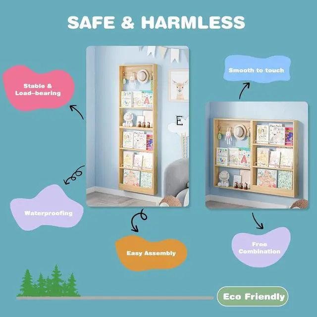 Alt view image 4 of 7 - 5-Tier Kids Bookshelf, Wall-Mounted Book Shelf with Adjustable Shelves & Hooks, Wooden Kids Bookshelf and Toy Storage, Space-Saving Behind Door Bookshelf for Kids' Rooms, Playroom, NurseryWood