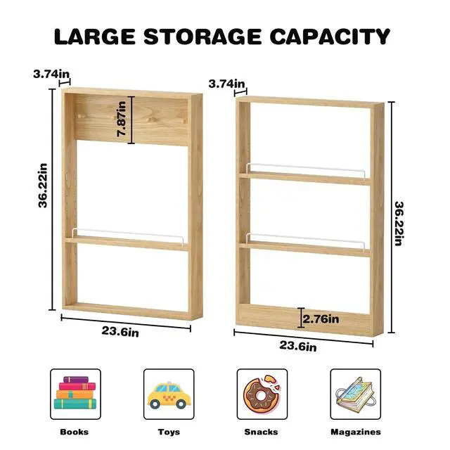 Alt view image 3 of 7 - 5-Tier Kids Bookshelf, Wall-Mounted Book Shelf with Adjustable Shelves & Hooks, Wooden Kids Bookshelf and Toy Storage, Space-Saving Behind Door Bookshelf for Kids' Rooms, Playroom, NurseryWood