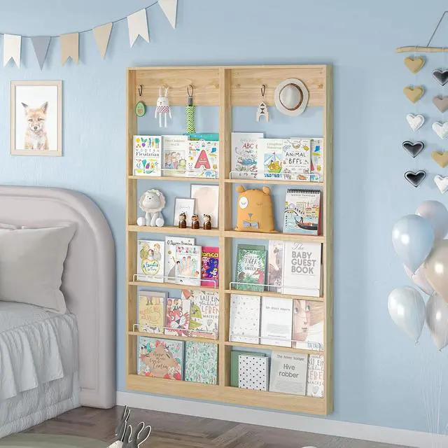 Alt view image 7 of 7 - 5-Tier Kids Bookshelf, Wall-Mounted Book Shelf with Adjustable Shelves & Hooks, Wooden Kids Bookshelf and Toy Storage, Space-Saving Behind Door Bookshelf for Kids' Rooms, Playroom, NurseryWood