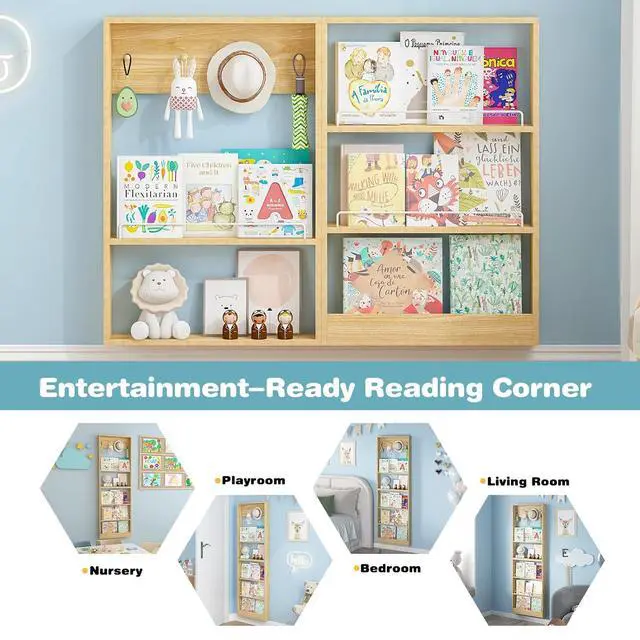 Alt view image 6 of 7 - 5-Tier Kids Bookshelf, Wall-Mounted Book Shelf with Adjustable Shelves & Hooks, Wooden Kids Bookshelf and Toy Storage, Space-Saving Behind Door Bookshelf for Kids' Rooms, Playroom, NurseryWood