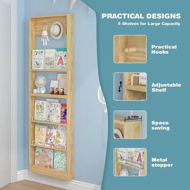 Alt view image 5 of 7 - 5-Tier Kids Bookshelf, Wall-Mounted Book Shelf with Adjustable Shelves & Hooks, Wooden Kids Bookshelf and Toy Storage, Space-Saving Behind Door Bookshelf for Kids' Rooms, Playroom, NurseryWood