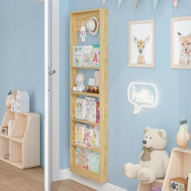 Alt view image 2 of 7 - 5-Tier Kids Bookshelf, Wall-Mounted Book Shelf with Adjustable Shelves & Hooks, Wooden Kids Bookshelf and Toy Storage, Space-Saving Behind Door Bookshelf for Kids' Rooms, Playroom, NurseryWood