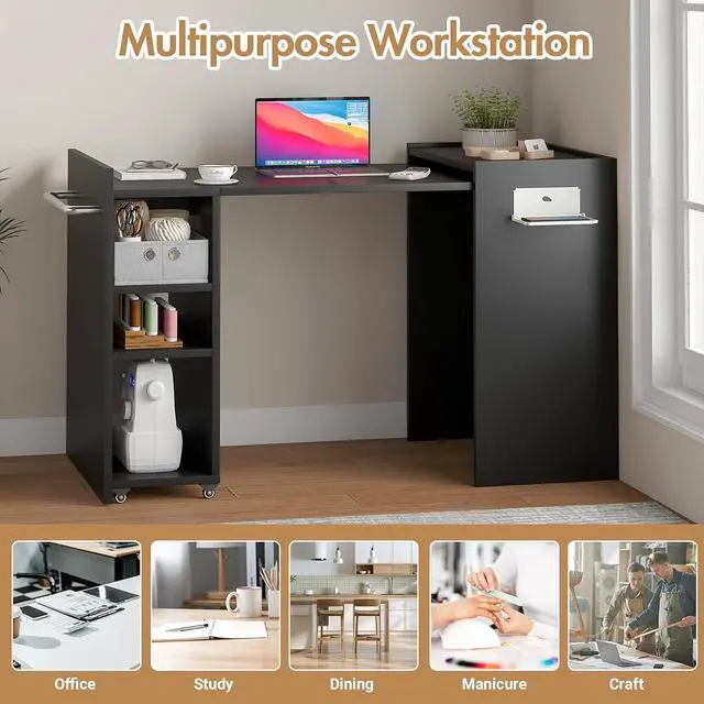 Alt view image 4 of 6 - Foldable Manicure Table Nail Desk, Expandable Nail Tech Table with Storage Fabric Drawer & Adjustable Shelves, Wall Mount Nail Station Modern Multipurpose Table for Home Office Beauty Spa Salon, Black