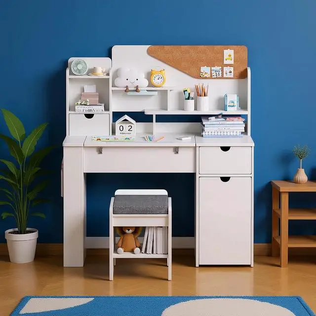Alt view image 6 of 7 - Kids Desk and Chair Set, Wooden Study Table with Tiltable Desktop, Hutch, Drawer & Storage Cabinet, Multi-Functional Writing Desk for Kids Ages 5-12, Ideal for Bedroom
