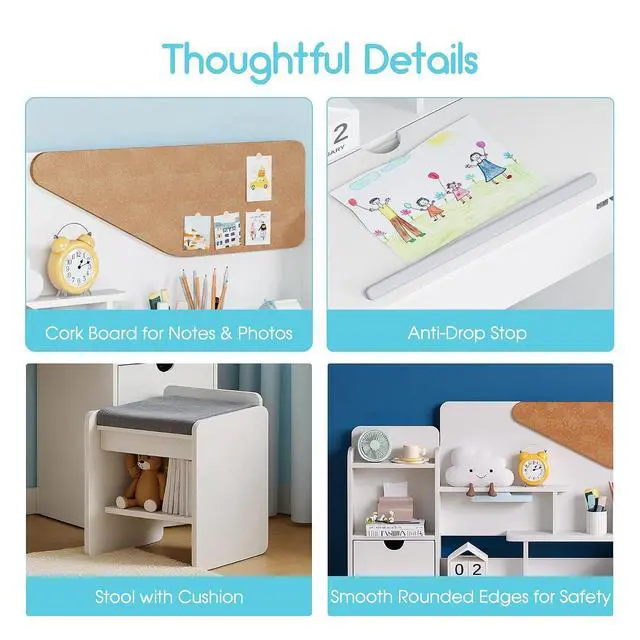 Alt view image 7 of 7 - Kids Desk and Chair Set, Wooden Study Table with Tiltable Desktop, Hutch, Drawer & Storage Cabinet, Multi-Functional Writing Desk for Kids Ages 5-12, Ideal for Bedroom