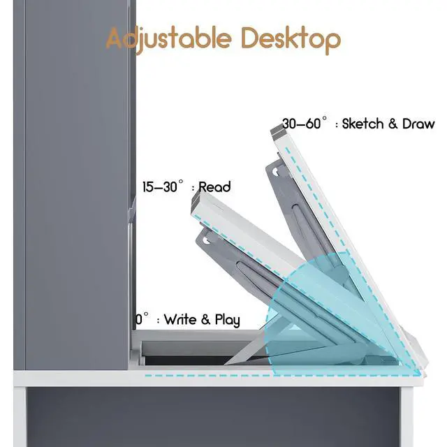 Alt view image 4 of 7 - Kids Desk and Chair Set, Wooden Study Table with Tiltable Desktop, Hutch, Drawer & Storage Cabinet, Multi-Functional Writing Desk for Kids Ages 5-12, Ideal for Bedroom (Grey)