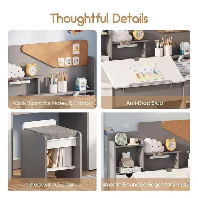 Alt view image 5 of 7 - Kids Desk and Chair Set, Wooden Study Table with Tiltable Desktop, Hutch, Drawer & Storage Cabinet, Multi-Functional Writing Desk for Kids Ages 5-12, Ideal for Bedroom (Grey)