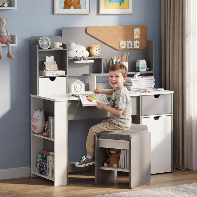 Alt view image 2 of 7 - Kids Desk and Chair Set, Wooden Study Table with Tiltable Desktop, Hutch, Drawer & Storage Cabinet, Multi-Functional Writing Desk for Kids Ages 5-12, Ideal for Bedroom (Grey)