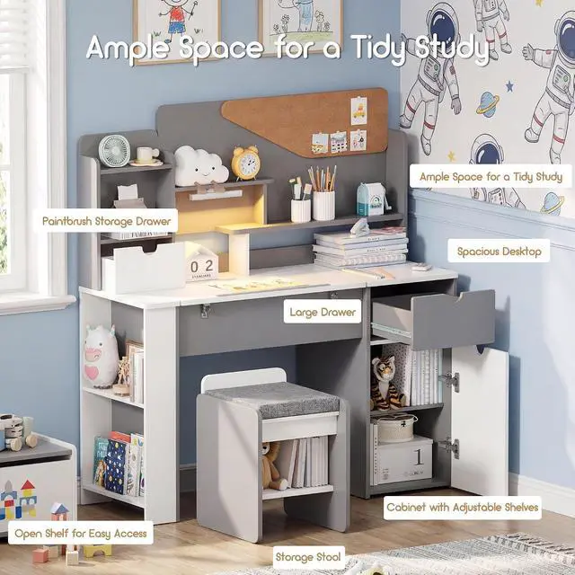 Alt view image 6 of 7 - Kids Desk and Chair Set, Wooden Study Table with Tiltable Desktop, Hutch, Drawer & Storage Cabinet, Multi-Functional Writing Desk for Kids Ages 5-12, Ideal for Bedroom (Grey)