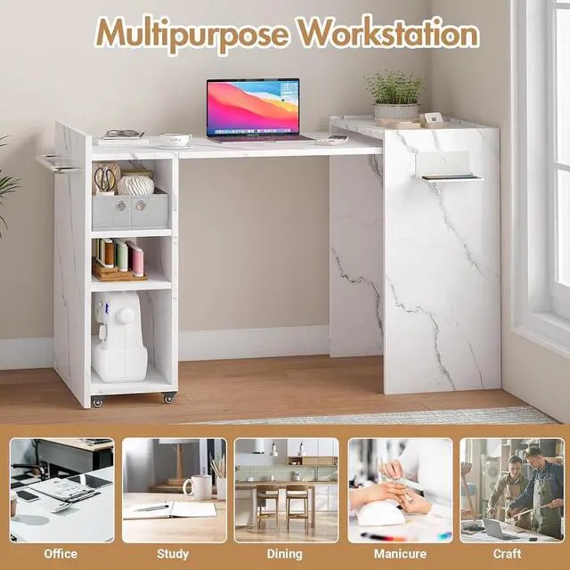 Alt view image 5 of 6 - Foldable Manicure Table Nail Desk, Expandable Nail Tech Table with Storage Fabric Drawer Adjustable Shelf, Wall Mount Nail Station Modern Multipurpose Table Home Office Beauty Spa Salon, White Marble