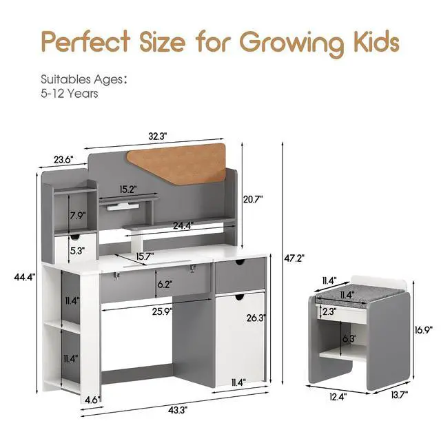 Alt view image 7 of 7 - Kids Desk and Chair Set, Wooden Study Table with Tiltable Desktop, Hutch, Drawer & Storage Cabinet, Multi-Functional Writing Desk for Kids Ages 5-12, Ideal for Bedroom (Grey)