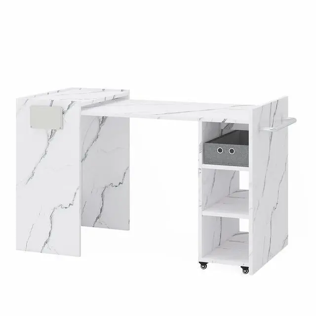 Alt view image 6 of 6 - Foldable Manicure Table Nail Desk, Expandable Nail Tech Table with Storage Fabric Drawer Adjustable Shelf, Wall Mount Nail Station Modern Multipurpose Table Home Office Beauty Spa Salon, White Marble