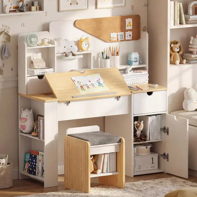 Main image of Kids Desk and Chair Set, Wooden Study Table with Tiltable Desktop, Hutch, Drawer & Storage Cabinet, Multi-Functional Writing Desk for Kids Ages 5-12, Ideal for Bedroom (Wood)