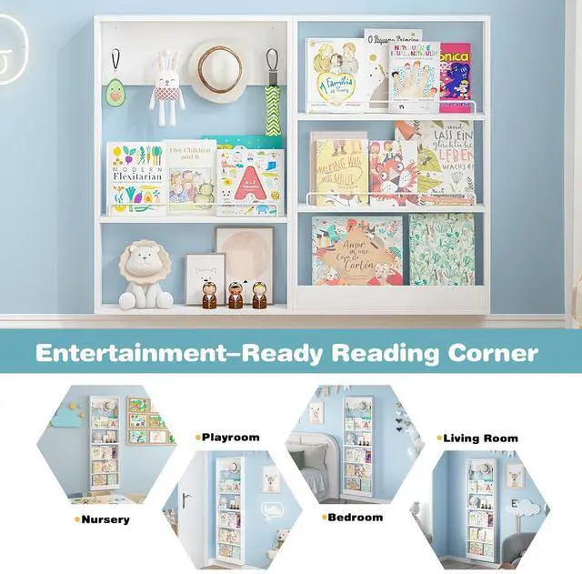 Alt view image 6 of 7 - 5-Tier Kids Bookshelf, Wall-Mounted Book Shelf with Adjustable Shelves & Hooks, Wooden Kids Bookshelf and Toy Storage, Space-Saving Behind Door Bookshelf for Kids' Rooms, Playroom, NurseryWhite