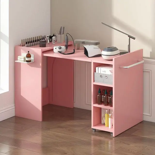 Main image of Foldable Manicure Table Nail Desk, Expandable Nail Tech Table with Storage Fabric Drawer & Adjustable Shelves, Wall Mount Nail Station Modern Multipurpose Table for Home Office Beauty Spa Salon, Pink