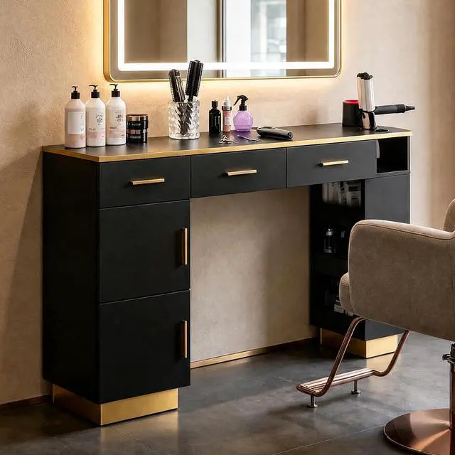 Main image of Salon Station for Hair Stylist, Freestanding Barber Desk with 2 Cabinets, 3 Drawers & Open Storage Shelves, Hair Salon Furniture for Salon, Spa & Beauty, Black