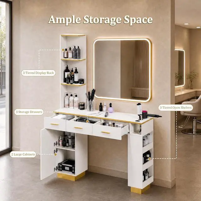 Alt view image 3 of 7 - Salon Station for Hair Stylists, Professional Barber Desk Styling Station with 2 Cabinets, 3 Drawers, Display Rack & Open Shelves, Salon Storage Cabinet for Barber Shop Spa Beauty, Wall Mount, White