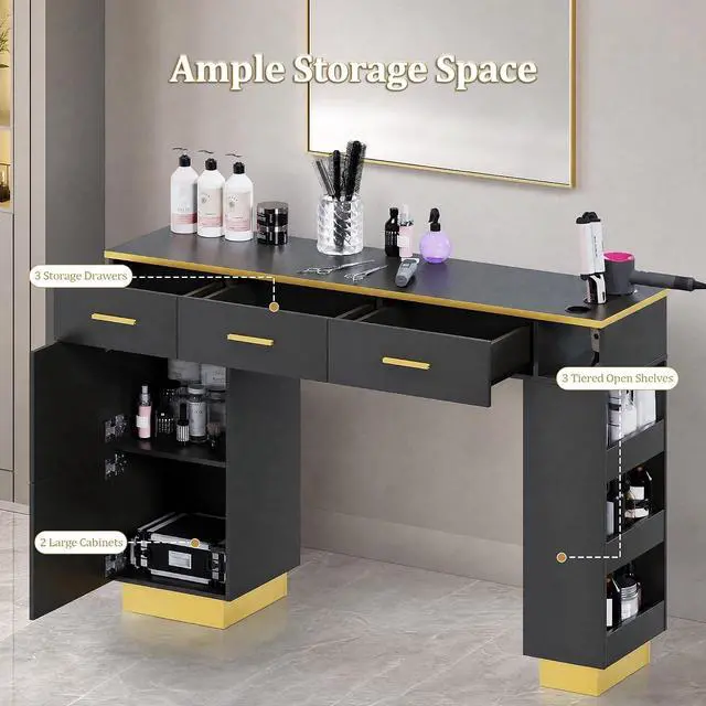 Alt view image 3 of 7 - Salon Station for Hair Stylist, Freestanding Barber Desk with 2 Cabinets, 3 Drawers & Open Storage Shelves, Hair Salon Furniture for Salon, Spa & Beauty, Black