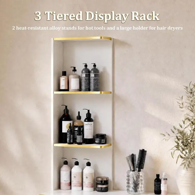 Alt view image 6 of 7 - Salon Station for Hair Stylists, Professional Barber Desk Styling Station with 2 Cabinets, 3 Drawers, Display Rack & Open Shelves, Salon Storage Cabinet for Barber Shop Spa Beauty, Wall Mount, White