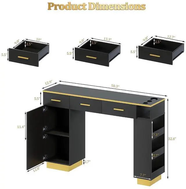 Alt view image 2 of 7 - Salon Station for Hair Stylist, Freestanding Barber Desk with 2 Cabinets, 3 Drawers & Open Storage Shelves, Hair Salon Furniture for Salon, Spa & Beauty, Black