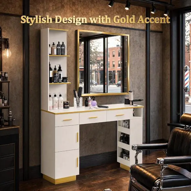 Alt view image 7 of 7 - Salon Station for Hair Stylists, Professional Barber Desk Styling Station with 2 Cabinets, 3 Drawers, Display Rack & Open Shelves, Salon Storage Cabinet for Barber Shop Spa Beauty, Wall Mount, White