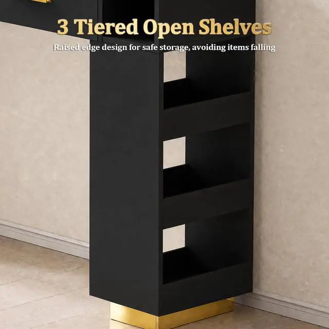 Alt view image 4 of 7 - Salon Station for Hair Stylist, Freestanding Barber Desk with 2 Cabinets, 3 Drawers & Open Storage Shelves, Hair Salon Furniture for Salon, Spa & Beauty, Black