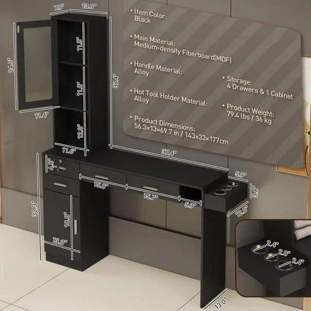 Alt view image 2 of 6 - Salon Station for Hair Styling, Wall Mount Barber Salon Cabinet with 3 Hair Dryer Holders, Drawers & Shelves, Beauty Spa Storage Equipment Salon Furniture Without Mirror, Black