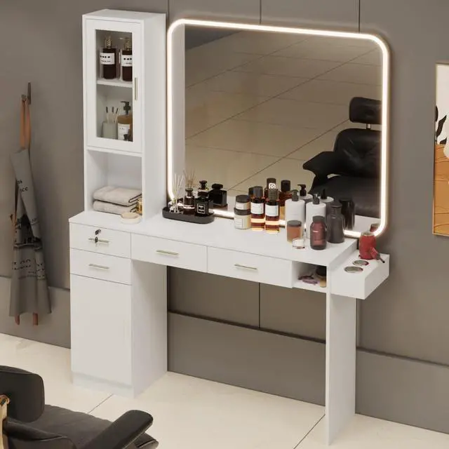 Main image of Salon Station for Hair Styling, Wall Mount Barber Salon Cabinet with 3 Hair Dryer Holders, Drawers & Shelves, Beauty Spa Storage Equipment Salon Furniture Without Mirror, White