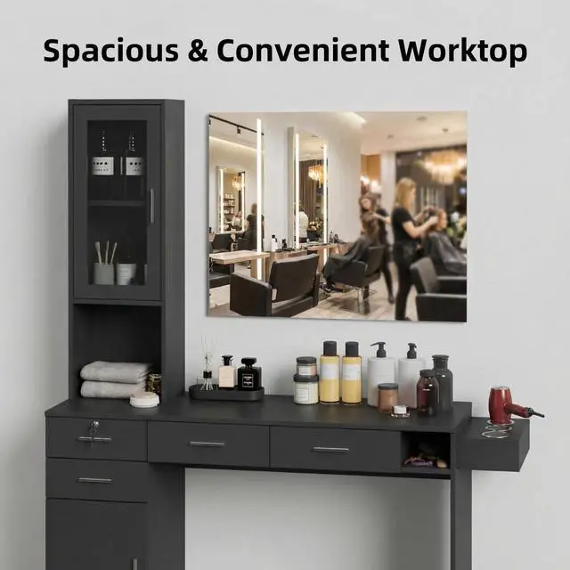 Alt view image 6 of 6 - Salon Station for Hair Styling, Wall Mount Barber Salon Cabinet with 3 Hair Dryer Holders, Drawers & Shelves, Beauty Spa Storage Equipment Salon Furniture Without Mirror, Black