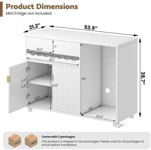 Alt view image 2 of 7 - 54" Modern Coffee Bar Cabinet with Fridge Space, Fluted Mini Fridge Cabinet with Outlet & Sliding Wine Storage Tray, Buffet Sideboard and Liquor Cabinet for Dorm, Dining Room, Living Room (White)