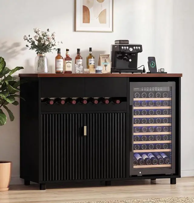 Main image of 54" Modern Coffee Bar Cabinet with Fridge Space, Fluted Mini Fridge Cabinet with Outlet & Sliding Wine Storage Tray, Buffet Sideboard and Liquor Cabinet for Dorm, Dining Room, Living Room (Black)