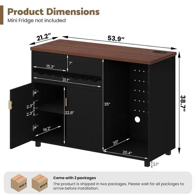 Alt view image 2 of 7 - 54" Modern Coffee Bar Cabinet with Fridge Space, Fluted Mini Fridge Cabinet with Outlet & Sliding Wine Storage Tray, Buffet Sideboard and Liquor Cabinet for Dorm, Dining Room, Living Room (Black)
