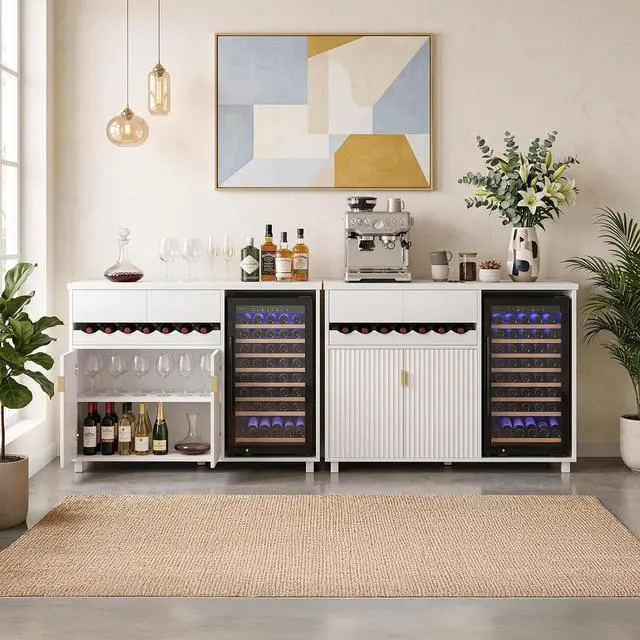 Alt view image 6 of 7 - 54" Modern Coffee Bar Cabinet with Fridge Space, Fluted Mini Fridge Cabinet with Outlet & Sliding Wine Storage Tray, Buffet Sideboard and Liquor Cabinet for Dorm, Dining Room, Living Room (White)