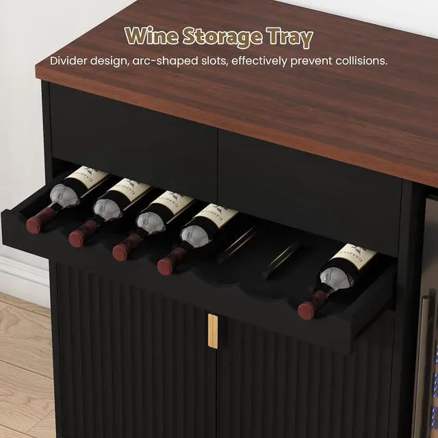 Alt view image 3 of 7 - 54" Modern Coffee Bar Cabinet with Fridge Space, Fluted Mini Fridge Cabinet with Outlet & Sliding Wine Storage Tray, Buffet Sideboard and Liquor Cabinet for Dorm, Dining Room, Living Room (Black)