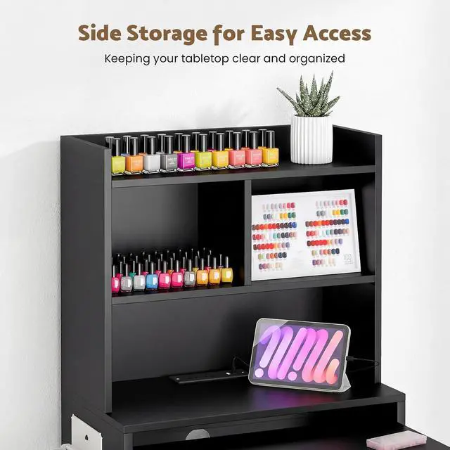 Alt view image 3 of 7 - Foldable Manicure Table Nail Desk, Extendable Nail Tech Table with Storage Shelves & a Fabric Drawer, Wall Mount Nail Station Modern Multipurpose Table Home Office Beauty Spa Salon, Black