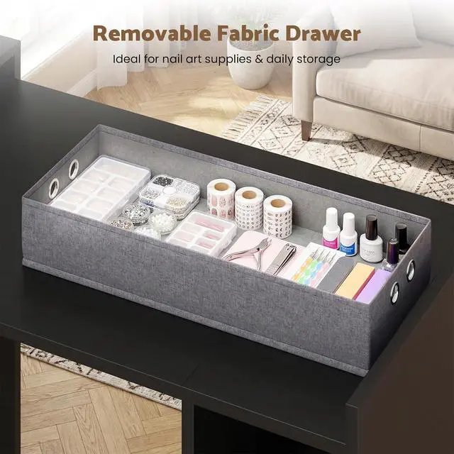 Alt view image 5 of 7 - Foldable Manicure Table Nail Desk, Extendable Nail Tech Table with Storage Shelves & a Fabric Drawer, Wall Mount Nail Station Modern Multipurpose Table Home Office Beauty Spa Salon, Black