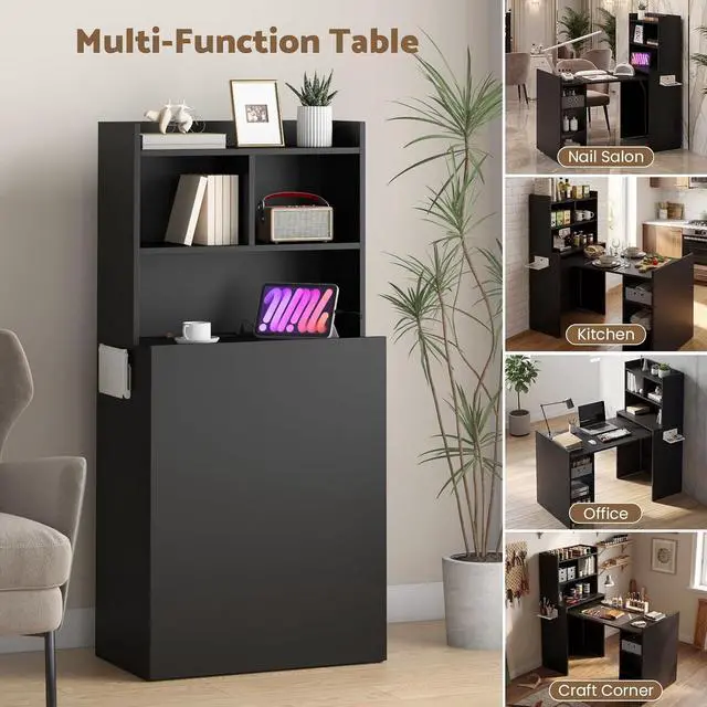 Alt view image 7 of 7 - Foldable Manicure Table Nail Desk, Extendable Nail Tech Table with Storage Shelves & a Fabric Drawer, Wall Mount Nail Station Modern Multipurpose Table Home Office Beauty Spa Salon, Black