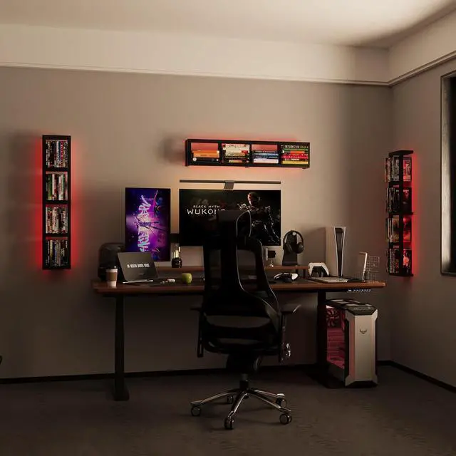 Alt view image 2 of 7 - Wall-Mounted CD Storage Shelf with DIY LED Strip, Floating Media Storage Rack with Hooks, Cube Organizer for Video Games Set of 3