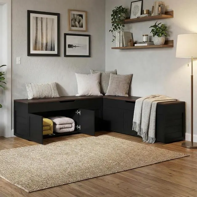 Alt view image 3 of 7 - L-Shaped Corner Storage Bench with Cushion, Backless Wood Bench with Hidden Storage, for Dining Nook, Kitchen, Entryway, Cloakroom (White+Walnut (No Cushion))